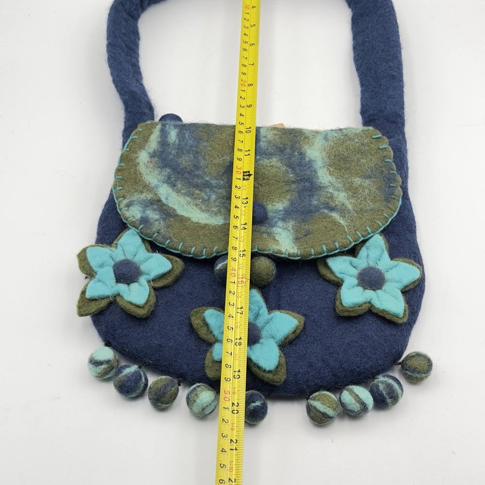 Rising Tide Boho Felted 100% Wool Purse Blue Green Floral Bag Made In Nepal - Picture 6 of 10